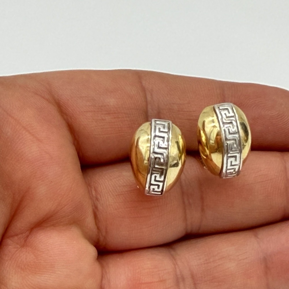 Vtg 14k Solid Yellow White Gold Greek Key Earrings Designer ZRW 3.81 Gr Egg Hoop